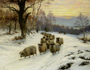 A Shepherd and His Flock on a Path in Winter