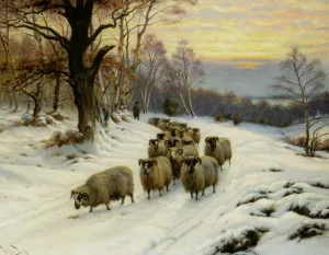 A Shepherd and His Flock on a Path in Winter by Wright Barker - Oil Painting Reproduction