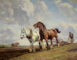 Ploughing The Fields by Wright Barker Oil Painting