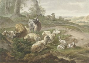 Bokken en schapen in een heuvelachtig landschap , after Nicolaes Pietersz. Berchem by Wybrand Hendriks Oil Painting