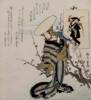 Woman by a Plum Tree Matched with the Wisteria Maiden by Yanagawa Shigenobu Oil Painting