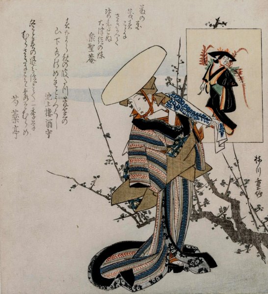 Woman by a Plum Tree Matched with the Wisteria Maiden  by Yanagawa Shigenobu - Hand-Painted Oil Painting Reproduction