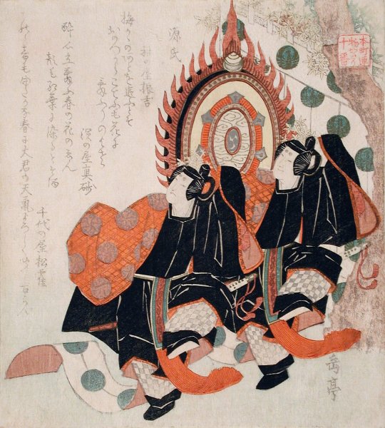 Prince Genji and to no Chujo Performing the Dance of the Blue Wave, from the Tale of Genji  by Yashima Gakutei - Hand-Painted Oil Painting Reproduction