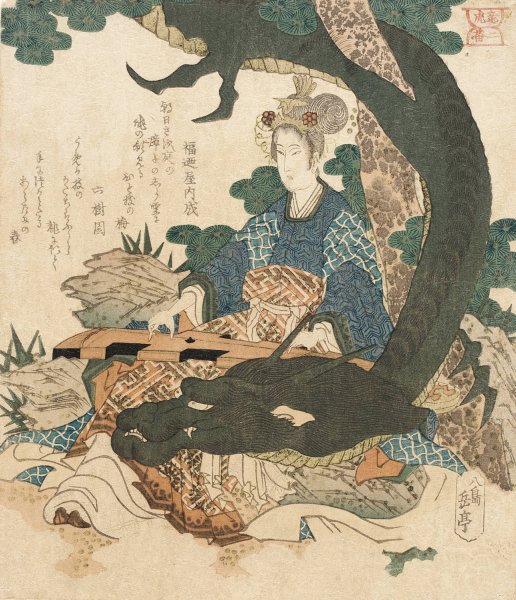 Main Product Photo of Taizhenwang Furen Playing One-String Chin, Encircled by Dragon  Painting by Yashima Gakutei