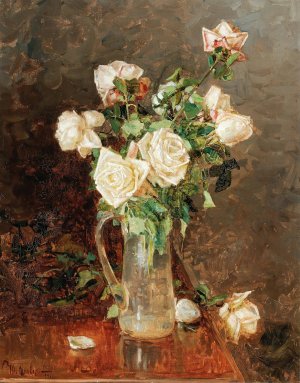 A bouquet of roses in a glass ewer by Yuliy Yulevich Klever The Younger Oil Painting