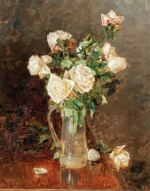 A bouquet of roses in a glass ewer by Yuliy Yulevich Klever The Younger Oil Painting
