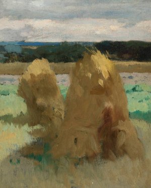 Rye sheaves in the field, study for the triptych 'Bread' by Zdzislaw Jasinski Oil Painting