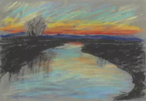 Red Dawn over a River by Zolo Palugyay Oil Painting