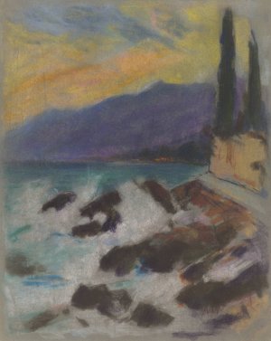 Rocky Seashore with Cypresses by Zolo Palugyay Oil Painting