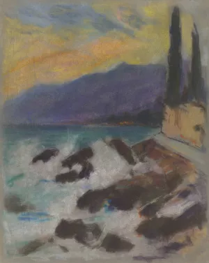 Rocky Seashore with Cypresses by Zolo Palugyay Oil Painting