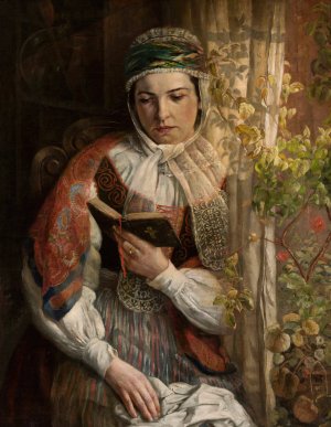 Woman in folk costume reading a book by Zygmunt Sokolowski Oil Painting
